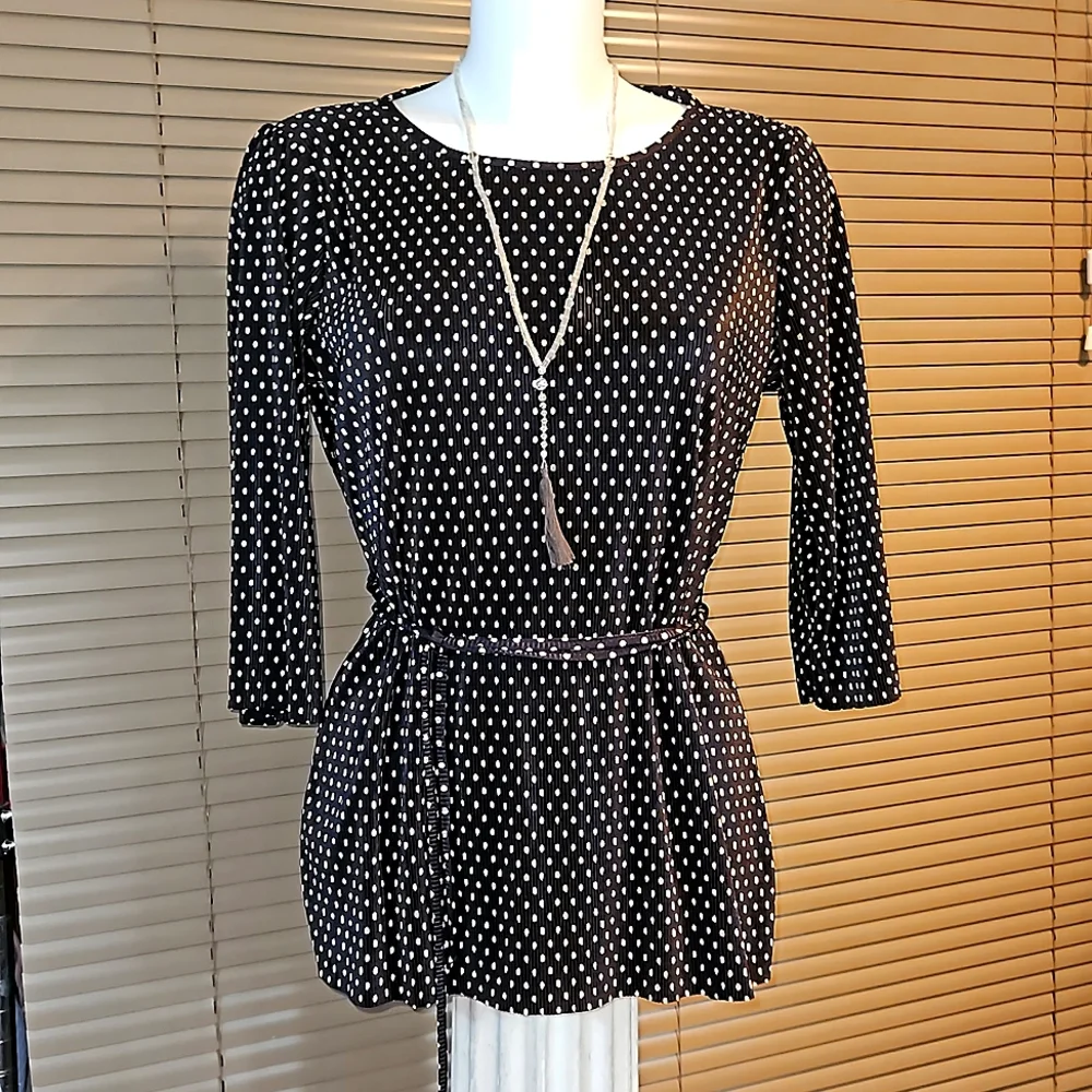 Flattering stretch chiffon type office top polka dot blouse will fit UK 12-14-16 - Picture 5 of 15